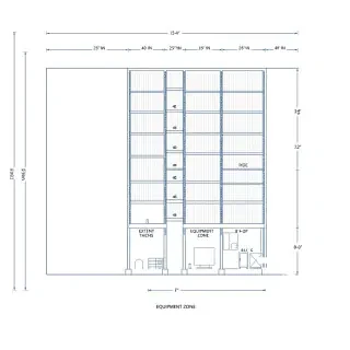 TECHNICAL ARCHITECTURAL BLUEPRINT DRAWING, CAD-style scaled floor plan and partial cross-section of a commercial oyster mushroom fruiting room. White background with crisp dark blue or black engineering lines, dimension strings, and architectural callouts. Professional structural engineering schematic.  DIMENSIONED FLOOR PLAN (25 feet wide by 40 feet long): - Overall exterior building dimensions clearly labeled: 25'-0" WIDTH and 40'-0" LENGTH. - Interior wall thickness: 60mm (6-inch) PIR/PUF panels labeled "INSULATED WALL". - 7 parallel rack rows running vertically. Each row labeled: 23'-0" LONG x 4'-0" WIDE (with 2'-0" shelf depth per side). - 8 aisles between rows, each exactly 1'-0" WIDE, labeled clearly with dimension lines. - Side wall clearances: 2'-0" on left and right sides. - Bottom end (far end): EQUIPMENT ZONE measuring 8'-0" x 12'-0", subdivided into labeled boxes for: "AHU / CHILLER (6-8 TR)", "ELECTRICAL PANEL (VFD/PLC)", "WATER TANK & SOFTENER", and "HUMIDIFIER (2-5 kg/h)". - Doors: "PERSONNEL DOOR (3'-0")" and "MATERIAL DOOR (5'-0")" at the bottom end. - Drainage channels shown as dashed lines along both long walls with 2% slope arrows.  INSET DETAIL: TOP-DOWN ZOOM of a single rack tier showing 23 cylindrical substrate bags per side at 1'-0" center-to-center spacing, labeled "10" BAGS @ 1'-0" O.C.".  PARTIAL CROSS-SECTION (Side cutaway view) included on the right side showing vertical height dimensions: - Total clear height: 14'-0". - Floor base riser: 0'-6". - 6 growing tiers: each at 2'-0" vertical pitch, labeled "TIER 1" through "TIER 6". - Ceiling plenum: 1'-6" clearance. - Wall panels: 60mm thick.  LEGEND BOX included with standard architectural symbols for: Supply Air Diffuser (circle with cross), Return Air Grille (dashed rectangle), Vaisala GMW90 Sensor (square with dot), LED Light Fixture (parallel lines), and DP Sensor (triangle).  STYLE: Pristine architectural engineering CAD drawing, 8K resolution, ultra-detailed, precise geometric linework, white background, blue/black technical lines, no shading, just crisp blueprint-quality line art suitable for construction permitting.