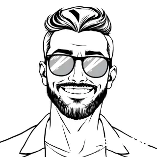 Stilizzata, bianco e nero, primo piano di un uomo sorridente, barba curata a punta, occhiali stile Ray-Ban (montatura sottile, lenti trasparenti, non da sole). Tratto minimale e pulito, linee nette, senza sfondo o sfondo neutro, illustrazione vettoriale, disegno in bianco e nero ad alto contrasto