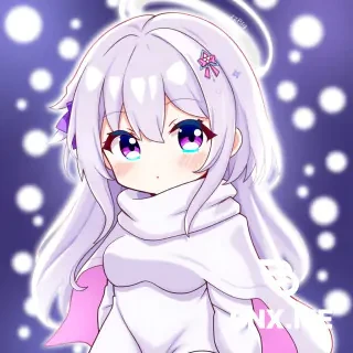 medium breasts, (curvy), cute, eyelashes,    zzPaimon, purple eyes, hair between eyes, hair ornament, halo, long hair, short hair, white hair,	long sleeves, dress, scarf, white dress, blue eyes, cape, thighhighs, single thighhigh, white thighhighs, upper body, looking at viewer, :3, outer space, night, eyeshadow, pink lips, blush, bokeh,