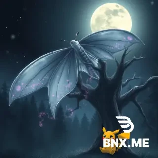 Moonmoth hovers silently above a moonlit forest. Its enormous silver wings shimmer with tiny stars, while pale purple dust drifts from them like glowing snow. Below, a curious Pikachu watches from behind an ancient tree as the full moon illuminates the entire scene.