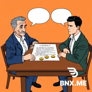 Colorful european comic book style, ligne claire, clear black ink outlines, flat colors, no shading, no gradients. Two men sitting at a wooden brown table facing each other. Left: elderly Sidorov (74 years old, thin face, deep wrinkles, gray hair combed back, tired eyes, dark blue jacket, white shirt). Right: young Petrov (24 years old, short dark hair, sharp jawline, serious cold expression, dark green jacket, white shirt). On the table between them: a large open contract with visible text "1.2. Uchastniku 1 prinadlezhit dolja 30% ustavnogo kapitala nominalnaja stoimost 3000 rub. Uchastniku 2 — dolja 10% nominalnaja stoimost 1000 rub." Next to the contract, two small piles of gold coins: three coins labeled "3000" and one coin labeled "1000". Above each man's head: an empty white speech bubble with thick black outline, completely empty inside, no text. No other people. Background pale orange. Flat colors, black ink.