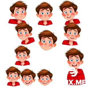 "A character sheet of a young man with short brown hair and blue eyes, wearing a red hoodie. Show him in 12 different expressions: happy, sad, angry, surprised, scared, and laughing. Pixar movie style, white background, high quality."