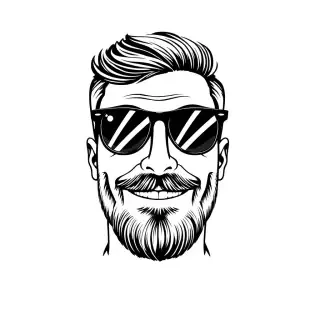 Stilizzata, bianco e nero, primo piano di un uomo sorridente, barba curata a punta, occhiali stile Ray-Ban (montatura sottile, lenti trasparenti, non da sole). Tratto minimale e pulito, linee nette, senza sfondo o sfondo neutro, illustrazione vettoriale, disegno in bianco e nero ad alto contrasto