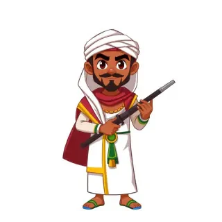 Generate a 2D cartoon character in PNG format with transparent background: - A Sa'idi man from Upper Egypt - Wearing traditional white galabeya and turban (imma) - Holding a RBG weapon - Full body view, facing front - Vibrant colors, detailed Egyptian features - Suitable for a mobile game - Size: 256x256 pixels or larger