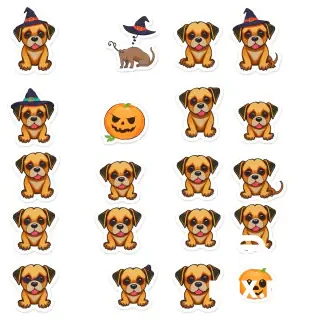 A 4x4 grid sticker sheet design, 16 individual Halloween-themed stickers arranged on a white background, doggy, die-cut stickers, separated by white space, clean edges, no background, high resolution, flat vector illustration style, isolated elements.