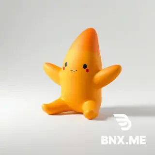 A 3D collectible vinyl toy figure based on a cute starfish character. Keep the exact original toy-like proportions and seated pose from the reference image: rounded limbs, simple body, soft minimal shapes. Do not change body structure or add clothing or accessories. Remove any skirt or clothing elements completely. The figure has a smooth soft matte vinyl surface like a designer toy collectible. The face is minimal and clean: small dot eyes and a tiny simple mouth, calm neutral expression, centered and symmetrical. Replace any previous face design completely. The character design is a starfish-inspired creature with a color palette of warm orange, soft yellow gradients, and subtle red accents that look like hand-painted watercolor brush strokes applied onto the vinyl surface (but still physically a toy paint finish, not paper or illustration texture). The paint effect should look like slightly uneven hand-applied paint blending naturally into the toy surface, giving an artistic handmade feel while still clearly being a manufactured collectible figurine. Lighting: clean studio product photography, white background, soft shadows, high-end collectible toy catalog style. No cartoon illustration style. No plush texture. No ceramic texture. Pure vinyl designer toy aesthetic.