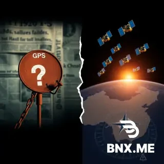 A symbolic two-part image, left side darker. Left: a rusty chain linking a broken GPS satellite dish to a question mark, background shows blurred newspaper headlines from the 1990s about navigation failures. Right side: bright and rising, multiple BeiDou satellites in gold and blue orbits over a map of China, a glowing compass pointing true north. In the middle, the chain cracks and dissolves into light. Dramatic lighting, cinematic wide shot, photorealistic style with slight metaphor. 4k.