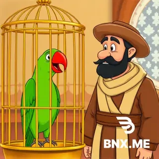 A vintage 1980s 2D hand-drawn animated film cell. Inside the grand home, the green parrot with a bright red beak is inside her classic golden wire cage with its door securely closed. The parrot has her beak open, speaking with a dramatic, longing expression. Next to her, the wealthy Iranian merchant listens closely; he is wearing his exact traditional layered brown and cream Persian robe, featuring a wide fabric sash wrapped around his waist, a plain round brown hat, and a full solid black beard, identical to 20260619_1136_image.jpg. The style features soft pencil outlines, a warm retro color palette, and a subtle matte paper texture. Nostalgic 1990s TV cartoon style --ar 16:9