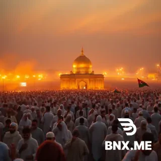 Millions of pilgrims walking toward the golden dome of Imam Hussain's shrine in Karbala at sunset, endless crowd in white shrouds, hands raised in prayer, tears of joy streaming down faces, old and young together, flag of allegiance waving, dust and golden light mixing in the air, emotional atmosphere, drone shot from above showing the sea of humanity, dramatic golden hour lighting, warm orange and blue tones, photorealistic, cinematic masterpiece, epic scale, spiritual and powerful, 8k, ultra detailed --ar 16:9