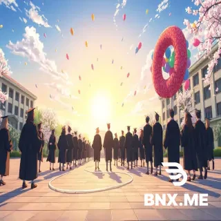 anime cinematic illustration, Makoto Shinkai style, university graduation ceremony on campus square, graduates wearing black academic gowns that look like flowing capes shaped like letter A, S-shaped winding path on the ground, colorful balloons floating in sky like letter Q, bright spring day, cherry blossoms, hopeful yet uncertain atmosphere, widescreen 16:9 composition