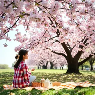 A woman underneath a cherry blossom tree is setting up a picnic on a yellow checkered blanket.