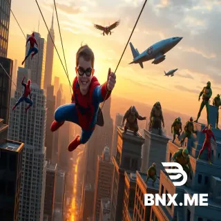 Epic action scene at sunset over a sprawling metropolis. In the foreground, the main hero: a young boy (age 4) wearing a red and blue superhero suit, smiling brightly, looking courageous and determined as he swings between skyscrapers using futuristic cables, the true leader of the team. Fighting alongside him:  A red-and-blue wall-crawling hero with a full-face web mask, agile and acrobatic, shooting webs between buildings. A younger red-and-black suit hero with a similar web-shooting style and a hooded mask, swinging nearby. A patriotic hero in blue, white, and red with a vibranium-style circular shield, standing tall on a ledge. A high-tech armored hero in red and gold, flying with glowing repulsor blasts from his hands and feet, wearing a sleek battle suit. A giant green muscular colossus with a kind, protective gaze watching over the citizens. On the rooftops, four anthropomorphic ninja turtles with red, blue, orange, and purple headbands, leaping between buildings with their traditional weapons (swords, nunchucks, sais, and staff). Lightning, dust, speed effects, cinematic golden-hour lighting, spectacular and heroic atmosphere. High-end 3D animated Pixar-style render, vibrant colors, highly detailed, suitable for children. No text, landscape format 16:9.