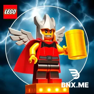 A circular icon for a Lego YouTube channel, square format. A Lego god character with a winged silver helmet, a red cape, and holding a giant golden hammer made of Lego bricks. The god is standing on a glowing Lego pedestal. Behind him is a dramatic sky with lightning and dark clouds. The character looks heroic and strong. Lego stop-motion style. Dramatic lighting, high contrast, bright colors, 4k quality