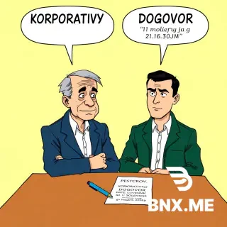 Colorful european comic book style, ligne claire, clear black ink outlines, flat colors, no shading, no gradients, cel-shaded like Tintin. Two characters: elderly man Sidorov (74 years old, thin face, deep wrinkles, gray hair combed back, tired eyes, wears dark blue jacket and white shirt). Young man Petrov (24 years old, short dark hair, sharp jawline, serious cold expression, wears dark green jacket and white shirt). Scene: both sitting at a wooden brown table facing each other. On table: a document with large black title "KORPORATIVNYJ DOGOVOR" and "g. Smolensk 11 nojabrja 2024 g.", a blue pen. No other people. Above each head: an empty white speech bubble with thick black outline, completely empty inside, no text, no letters, no symbols. Background pale yellow. Flat colors, black ink.