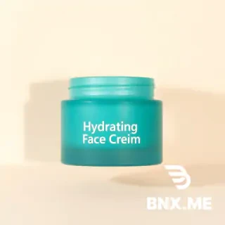 A professional e-commerce product photography shot of a luxury skincare jar. The jar is made of frosted teal-blue glass with a clean metallic silver cap. The jar contains a "Hydrating Face Cream". The background is a clean, minimalist studio setting with soft, warm cream-colored undertones and gentle shadows. High-end cosmetic branding style, soft studio lighting, ultra-realistic texture.