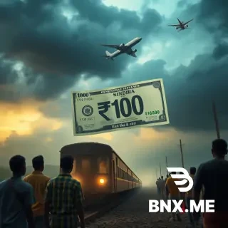 “A giant ₹100 Indian currency note flying out of Bihar on a train and airplane, while unemployed youth stand watching helplessly, dark clouds over Bihar, cinematic political satire, ultra realistic” --ar 16:9, ultra realistic, cinematic lighting, high detail