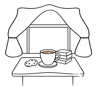 black and white coloring book page, cute kawaii style, cozy theme, clean bold outlines, minimal detail but not empty, no shading, no color, white background, thick lines, simple and clear for coloring, adorable and relaxing vibeTea cup, cookies, and small stack of books on table