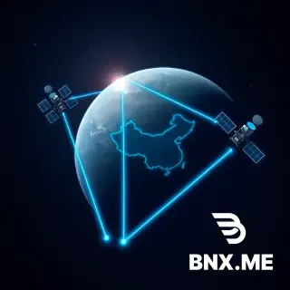 Deep space, Earth visible in the background. Three BeiDou satellites arranged in a triangular formation, each connected by glowing neon blue data beams forming a mesh network. One satellite near the Earth is sending a concentrated beam of data down directly onto the map of China (mainland outline visible). No ground stations elsewhere on Earth. The satellites have solar panels and small antenna dishes. Starfield background, dark navy blue tones with cyan and gold accents. Futuristic scientific illustration, ultra detailed, 4K, wide angle.