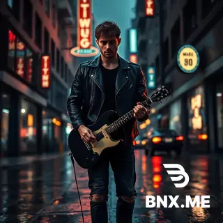 A cinematic music banner for a male singer with short messy hair, wearing a black leather jacket and ripped jeans, standing alone on a rainy city street at night, holding a guitar, neon signs reflecting on wet pavement, moody and mysterious atmosphere, dramatic shadows, photorealistic, 8k, high fashion, album cover style, vertical poster composition