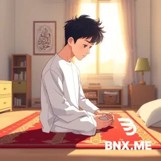Anime style, adult Muslim boy with a stylish Korean haircut (two-block cut with slightly wispy bangs), wearing a clean white thobe or loose shirt and pants. He is sitting on a colorful prayer mat in his cozy bedroom, in a praying position (sajdah) with his forehead touching the mat, hands placed flat. Soft golden sunlight streams through a window beside him. On the wall, there is Arabic calligraphy art. A small bookshelf and a lamp on a bedside table. Warm, peaceful atmosphere, gentle shadows, high quality, anime art style, clean lines, soft colors."