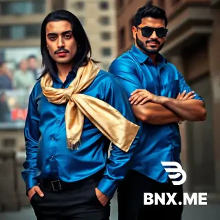 A 30-year-old Persian man (Sam) with long black hair, fully shaved face, thin eyebrows, glossy red lipstick, wearing a shiny bright blue satin shirt (stretched over a round pregnant belly), a cream silk scarf wrapped over his hair with a knot under his chin, tight black pants. His 28-year-old Persian friend (Saeed) is standing beside him, wearing sunglasses and a serious, confident smirk. Both are looking at the camera with bold, intense expressions. Urban background, dramatic lighting, photorealistic, cinematic, 8k.
