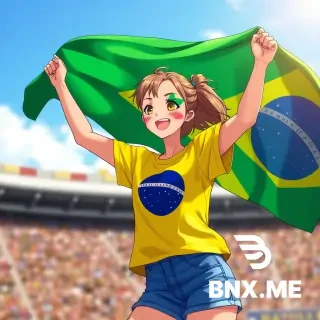 Anime style, cover art for funk music (brazian funk). A happy, energetic anime girl cheering and waving a large Brazilian flag. On her face is painted the Brazilian flag (green diamond, blue globe with white stripe). She is wearing a yellow and green t-shirt with the Brazilian flag print and blue denim shorts. Dynamic joyful pose, bright sunny lighting, blurred background of Rio de Janeiro or a football stadium. High quality, detailed, vibrant colors, copyright free.