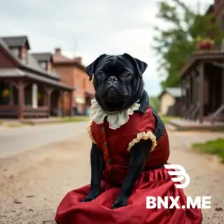 a blck pug. female, sitting down, dog's dress, not black, inspired by a rich merchant in minnesota in 1800 with a backdrop of a road in a small town in minnesota in 1800