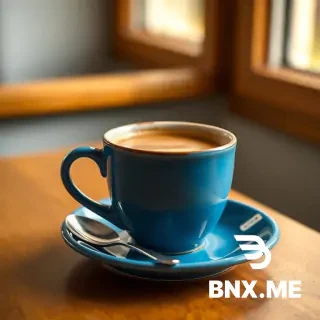 A blue ceramic coffee cup on a wooden table, with a silver spoon next to it, warm morning light from a window, high resolution photography, 4K --seed 142