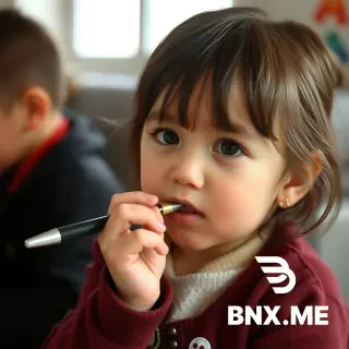 A little girl sucking a pen