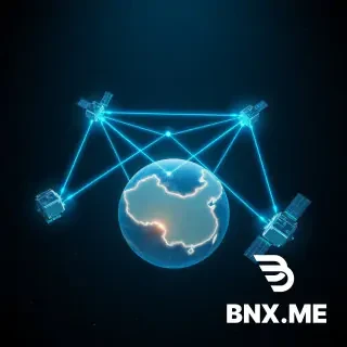 Deep space, Earth visible in the background. Three BeiDou satellites arranged in a triangular formation, each connected by glowing neon blue data beams forming a mesh network. One satellite near the Earth is sending a concentrated beam of data down directly onto the map of China (mainland outline visible). No ground stations elsewhere on Earth. The satellites have solar panels and small antenna dishes. Starfield background, dark navy blue tones with cyan and gold accents. Futuristic scientific illustration, ultra detailed, 4K, wide angle.