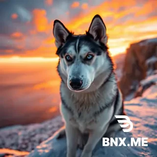"A majestic Siberian Husky with heterochromia (one bright blue eye and one warm amber eye), sitting on a snowy cliff edge at golden hour. The background features a breathtaking sunset with vibrant orange and purple clouds reflecting off a frozen lake below. Ultra-realistic, highly detailed fur texture, cinematic lighting, 8k resolution, sharp focus, emotional and majestic atmosphere."