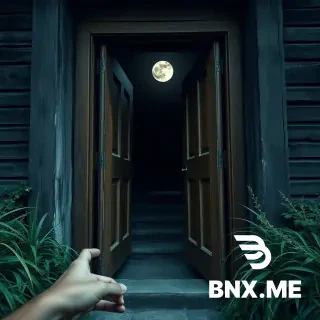 "First-person POV of wooden front door slightly open, creaking on rusty hinges, dark entrance visible inside, old stone steps, full moon overhead, overgrown weeds on sides, ultra-realistic, horror aesthetic, POV shot, 8k resolution, high contrast, vertical 9:16."
