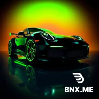 Black Porsche 911 GT3 RS, dramatic 3/4 front angle. Neon-green rims, neon-green brake calipers, neon-green interior glow. Bright neon-green gradient backdrop and glossy floor reflection. High-end studio lighting with sharp highlights. Smooth slow orbit camera movement from left to right. Hyper-realistic detail, crisp reflections