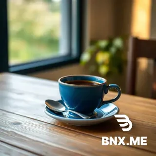 A blue ceramic coffee cup on a wooden table, with a silver spoon next to it, warm morning light from a window, high resolution photography, 4K --seed 42