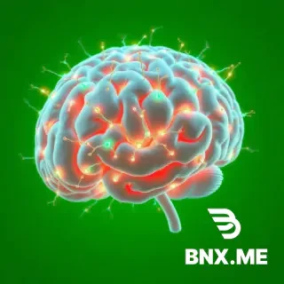 A 3D rendered brain with glowing neurons, active synapses firing brightly, and subtle caffeine-infused sparks traveling across neural pathways. Pure green background, hyper-detailed textures.