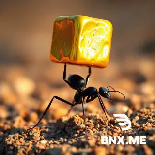 A hyper-detailed macro photograph of a black ant standing on rough textured ground, dramatically lifting a massive golden cube above its head. The cube shimmers with metallic brilliance, reflecting warm sunlight in shades of gold and orange, contrasting sharply against the ant’s glossy black body. The rocky ground is blurred into soft bokeh, emphasizing the heroic scale of the ant’s feat. The image radiates strength, determination, and surreal wonder, blending natural insect photography with a fantastical twist of treasure and power. Ultra-realistic textures, cinematic focus, with glowing highlights on the gold.