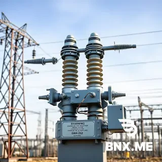 Photorealistic, high-resolution outdoor shot of a 220kV substation disconnector (isolator switch), model GW4-252, double-column horizontal rotating structure. Two porcelain post insulators mounted on a hot-dip galvanized steel base. Main conductive arm made of aluminum alloy tube, with silver-plated copper contact fingers and fixed contact. One side equipped with an earthing switch (grounding blade). In the background, steel lattice towers, busbars, and other switchyard equipment. The disconnector is in the closed position, showing visible electrical clearance. Operation mechanism box (motor-driven) attached to the B-phase base, with interconnecting rods to A and C phases. Clear sky, industrial environment. Technical accuracy, no artistic distortion. 8K, shot with 35mm lens, depth of field.