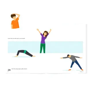/imagine prompt: A4 portrait magazine page for children's family magazine "Karo Resaneh", flat vector illustration, 5 horizontal panels showing stretching exercises. Top panel: teenage boy Karo doing neck stretch, orange shirt. Second: teenage girl Niloofar doing upward arm stretch, purple top. Third: young boy Kian doing forward bend, green shirt. Fourth: mother Narges doing torso twist, teal top. Fifth: father Kamran doing butterfly stretch, grey shirt. Clean white background with pastel cyan border. Each panel has text placeholder. Page number 28 at bottom left, logo bottom right. No violence, no monsters. International quality, colorful, family-friendly. --ar 3:4 --style raw