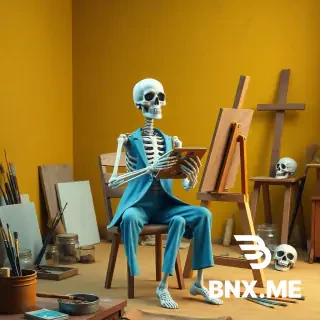 Ultra-photorealistic vertical CGI render. A slightly elevated view inside a warm, atmospheric artist’s studio. At the center, a skeleton wearing a pastel blue suit jacket and trousers sits on a simple wooden chair in front of a wooden easel. One bony hand holds a painter’s palette dotted with bright, vivid colors, while the other gently paints. The skull is perfectly detailed, but the skeleton has soft, human-like eyes with a tender, melancholic gaze directed at the camera. The studio is filled with painterly details — brushes, jars, half-finished canvases, and scattered art tools — all rendered with tactile realism. A second skull rests subtly in the background, half-hidden among objects. The walls are golden-yellow with subtle texture, radiating warmth that blends into a pastel palette of soft blues, light yellows, and pale beiges.  Lighting: soft, diffused, evenly distributed — no harsh shadows, only gentle illumination enhancing the texture of walls, fabric, wood, and bone. Mood: contemplative, melancholic, slightly surreal — as if time itself had paused. Style: hyper-detailed CGI realism, painterly composition, cinematic depth of field, smooth tonal gradation.