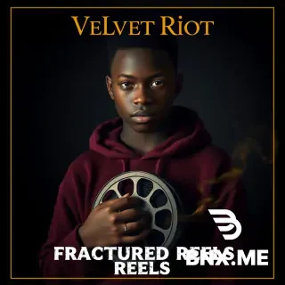"Cinematic poster. A striking black teenager with dark skin, intense eyes, dramatic shadow on face, wearing a velvet burgundy hoodie. Standing in dim room with gold rim light. Holding a vintage film reel. Deep charcoal background. Gold smoke swirls. Moody, aesthetic, emotional. Text 'VELVET RIOT' in elegant gold serif font at top. Text 'FRACTURED REELS' in rough white grunge font underneath. 16:9 ratio. High detail, cinematic lighting, film grain."