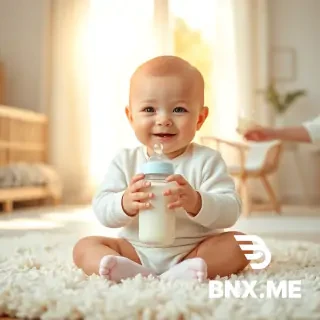 A heartwarming and realistic advertisement for organic baby milk powder. The main subject is a happy and healthy baby, around 8 months old, sitting on a soft, white woolen rug in a bright, airy nursery room filled with warm morning sunlight. The baby is holding a modern, sleek, and minimalist baby bottle with both hands, smiling directly at the camera. In the background, out of focus (bokeh effect), we see a loving mother's hands gently holding a glass of milk, symbolizing purity and care. The lighting is soft and natural, creating a sense of trust and safety. The composition should be clean, professional, and suitable for a premium brand advertisement. High resolution, photorealistic, 4k, shot on a Canon EOS R5.