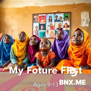 A group of 4 young Nigerian girls aged 9-12 looking up with wide, hopeful eyes, dreaming about their futures. They are sitting on colourful mats on the floor of a community centre. Around them are pictures of different careers (doctor, teacher, businesswoman, farmer) displayed on a board. They are wearing bright, colourful hijabs and dresses. Inspiring, hopeful, empowering atmosphere. Golden lighting. Photorealistic. Title Text to Add: "My Future First (Ages 9-13) - Cover Image"