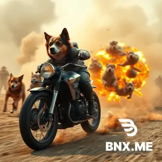 “An intense action scene featuring a heroic dog riding a powerful motorcycle across a chaotic battlefield. Enemy dogs pursue from behind. A dramatic explosion erupts near the motorcycle, sending the dog flying through the air in a dynamic, cinematic slow-motion shot. The environment is filled with dust, fire, and motion blur, creating a thrilling, over-the-top battle-movie atmosphere.”