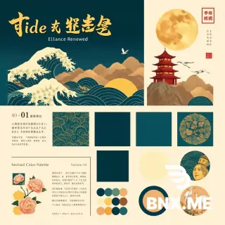 competition presentation board for digital pattern design, vertical 9:16 layout, clean warm cream‑beige background, 10 modular content sections arranged neatly, modern Chinese guochao national‑chao aesthetic, luxurious dark‑blue‑teal, golden‑gilded, earth‑brown color palette.  Top large hero banner area: grand traditional Chinese landscape illustration, rolling gilded ocean wave patterns, peony flowers, ancient Chinese pavilion building, layered distant mountains, full golden‑brass round moon, flying white cranes, gold foil texture, flowing gilded line art, deep indigo‑blue gradient sky. Large elegant serif title text "Tide of East, Elegance Renewed", subtitle "Digital Pattern Design Entry", small red Chinese seal stamp decoration on upper right corner.  Section 01 Pattern Deconstruction: title text "01 Pattern Deconstruction", text description, small icon set of Chinese decorative motifs‑cloud pattern, ocean wave, mountain, peony flower, flying crane, ancient pavilion; collage of element‑extraction sketches and reference landscape artwork.  Section 02 Color Palette: title text "02 Color Palette", 6 circular color swatches: deep ocean blue, teal, sand gold, earth chestnut brown, ivory off‑white; thin wavy decorative line graphics below swatches.  Section 03 Auxiliary Graphic Library: title text "03 Auxiliary Graphic Library", grid collection of line‑art vector decorative elements: knot ornament, wave, mountain, peony, crane, pavilion, border lace patterns, thin golden outline.  Section 04 Poster Series: title text "04 Poster Series", four vertical poster mock‑ups arranged side‑by‑side, each poster printed with the same mountain‑wave‑peony‑crane guochao illustration.  Section 05 UI Design: title text "05 UI Design", mock‑up of smartphone screen and smart‑watch screen displaying the pattern artwork, four small circular UI icon thumbnails below devices.  Section 06 Long Scroll Illustration: title text "06 Long Scroll Illustration", vertical Chinese hand‑scroll painting mock‑up with roller borders, filled with the landscape pattern.  Section 07 Cultural Creative Derivatives: title text "07 Cultural Creative Derivatives", product mock‑up cluster: key‑chains, tassel ornaments, folding paper fan, ceramic mugs, notebook covers printed with the pattern.  Section 08 Gift Box Packaging: title text "08 Gift Box Packaging", opened luxury gift‑box mock‑up, box surface printed with blue‑gold national‑chao pattern.  Section 09 Fabric Swatches: title text "09 Fabric Swatches", stacked rolled textile‑fabric samples showing the printed pattern texture.  Section 10 Craft Details: title text "10 Craft Details", three small image tiles showing craft texture effects: foil stamping, embroidery, screen printing texture samples.  Bottom footer bar: small English text slogan, thin golden wavy dividing line along bottom edge.  Whole board: minimalist layout, clear dividing space between each module, high‑end academic competition presentation, photorealistic mock‑up render, 8K, ultra‑detailed, soft lighting, no messy distortion, readable layout, graphic‑design portfolio board, do NOT mangle text content, clean typography
