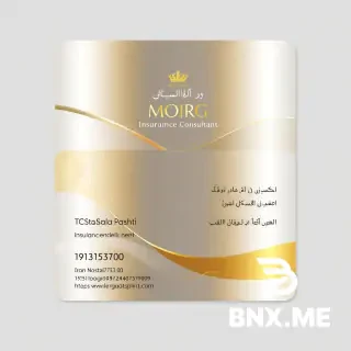 Design a horizontal, one-sided business card for "Mostafa Dashti", an insurance and investment consultant at "Moirg Insurance Consultants". The card number is 19310 and phone number is 09131527153. The card must feature a luxurious gold and silver gradient background, with an elegant and delicate design. Use IranNastaliq font for all Persian text. The company logo should be placed prominently. The overall style should be sophisticated and professional, suitable for a financial consultant. The layout should be clean and balanced, with all contact information clearly visible.