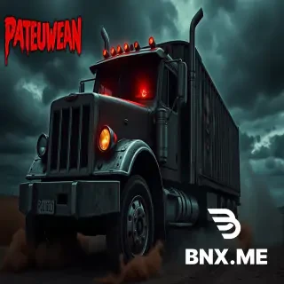 Possessed demonic truck with no driver, glowing red eyes instead of headlights, snarling front grille like a mouth, smoke and dust around wheels, horror movie poster, dark dramatic sky, terrifying atmosphere