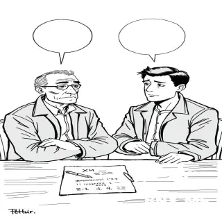 European ligne claire comic, black and white ink drawing. Two men sitting at a wooden table facing each other. On the table: a document with visible text "КОРПОРАТИВНЫЙ ДОГОВОР" and "г. Смоленск 11 ноября 2024 г." and a pen. Left: elderly man (Sidorov, 74, thin, wrinkled face, gray combed hair, dark jacket). Right: young man (Petrov, 24, short dark hair, serious expression, dark jacket). Both with neutral poses. Above each head, an empty speech bubble (white circle with black outline, no text). No other people. Background plain. Clean line art, no shading.