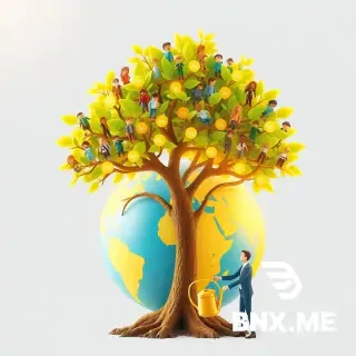 A heartwarming 3D illustration of a large, flourishing tree growing out of a globe. The leaves of the tree are actually diverse, miniature human figures holding hands, each with a small glowing "job" badge. Beneath the tree, a business owner is watering the roots with a golden watering can. Sunny, bright, optimistic colors, stylized realism, positive corporate vibe. --ar 1:1