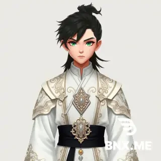 Create an image of a young male character dressed in an elaborate, ornate robe that embodies a blend of traditional and fantasy aesthetics. His outfit is predominantly white, adorned with intricate silver and gold detailing, giving it a regal and ethereal quality. The robe features a high collar and wide, structured shoulders, enhancing the character's noble presence. A central decorative piece, resembling an intricate pendant, rests at the waist, cinched with a broad black sash that contrasts elegantly with the lighter tones of the robe.  The character has long, flowing black hair styled in a topknot, with loose strands framing his angular face, accentuating his sharp features. His eyes are strikingly vivid, a unique shade of green that captivates the viewer’s attention, conveying both confidence and a sense of mystery. His expression is serene yet commanding, suggesting wisdom beyond his years.  Position the character against a minimalistic, neutral background that emphasizes the details of his attire without distraction. The lighting should be soft yet focused, creating a gentle glow that highlights the textures of the fabric and the reflective qualities of the metallic embellishments. Subtle shadows should add depth to the folds of the robe, enhancing the three-dimensionality of the garment.  The overall mood of the image is one of elegance and power, evoking a sense of mystical authority. The character's pose is upright and poised, suggesting readiness and strength, while the flowing lines of his attire create a dynamic sense of movement. Incorporate a slight artistic flair reminiscent of traditional Asian art styles, with delicate line work and a color palette that balances cool and warm tones harmoniously.  Capture the essence of the character's story through visual elements, implying that he is a figure of significance in a grand narrative, perhaps a warrior, a scholar, or a leader in a fantastical realm. The intricate details of his clothing reflect a rich cultural heritage, while his modern, stylized features connect with contemporary fantasy aesthetics.  Incorporate elements of light and shadow artistically to enhance the character's features and clothing, emphasizing the contrast between the bright white of the robe and the deep black of the sash. This contrast not only adds visual interest but also symbolizes the balance between light and darkness in his character's journey.  The image should embody a blend of realism and stylization, inviting the viewer into a world where fantasy and reality intertwine seamlessly. Aim for a composition that draws the eye to the character as the focal point, utilizing the background and lighting to create an atmosphere that is both enchanting and immersive. This portrayal should resonate with themes of honor, strength, and the mystical aspects of the character's identity, making it a captivating piece that tells a story through its visual elements.