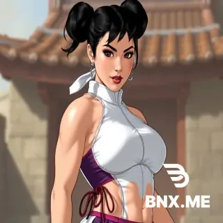 Chun-Li, Source: Street Fighter, Double bun hairstyle, White bun cover, Thick thighs, Huge thighs, Broad and large shoulders,